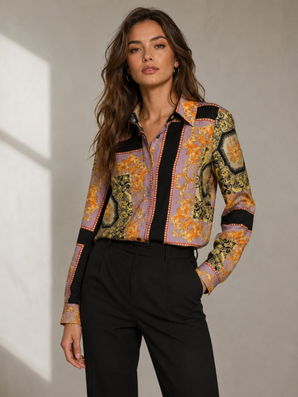 Baroque Print Button Down Blouse Purple Black Gold Long Sleeve Statement Top